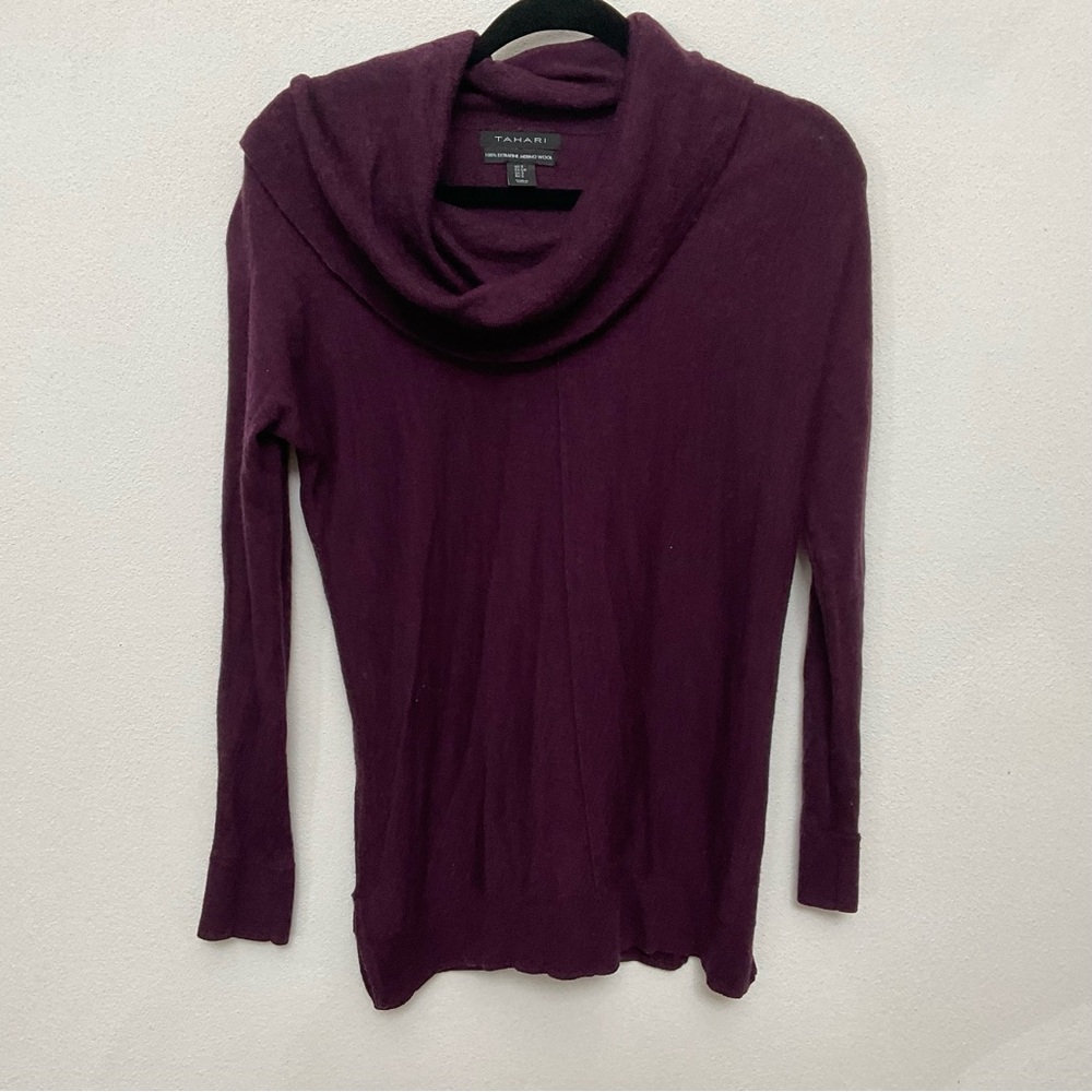 Tahari Dark Purple 100% Extra Fine Merino Wool Cowl Neck Sweater Size Small